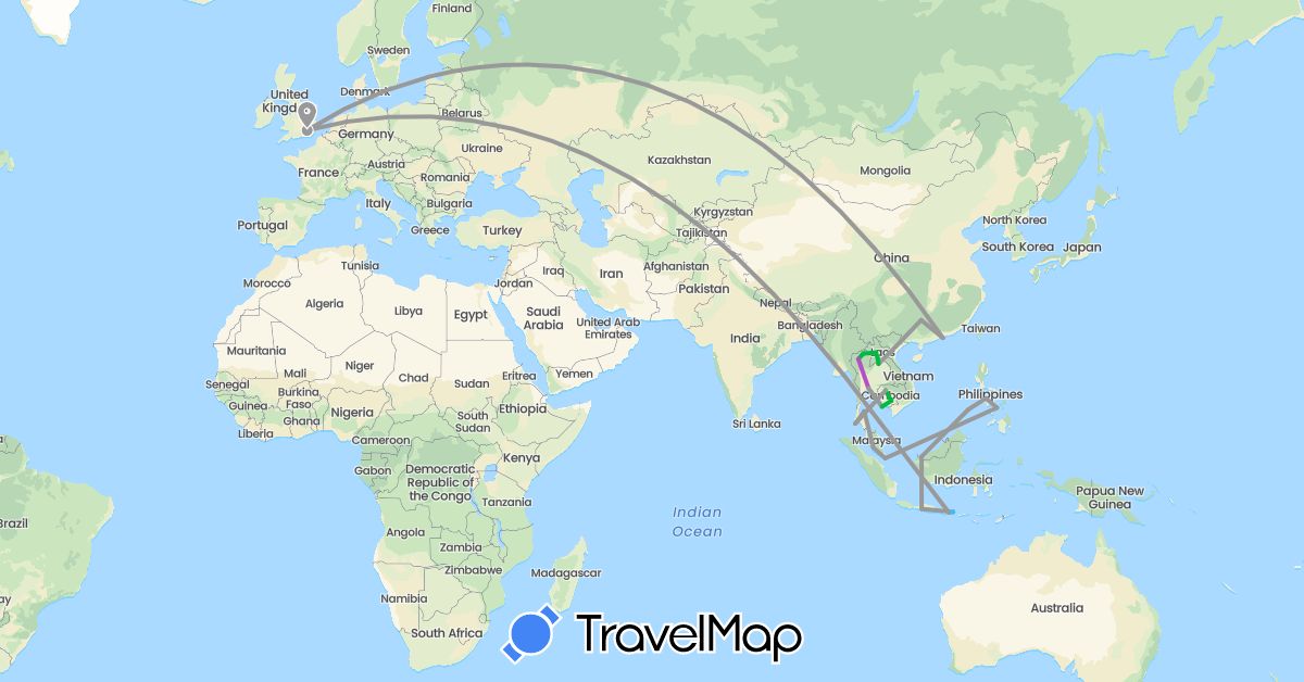 TravelMap itinerary: driving, bus, plane, train, boat in China, United Kingdom, Indonesia, Cambodia, Laos, Malaysia, Philippines, Singapore, Thailand, Vietnam (Asia, Europe)