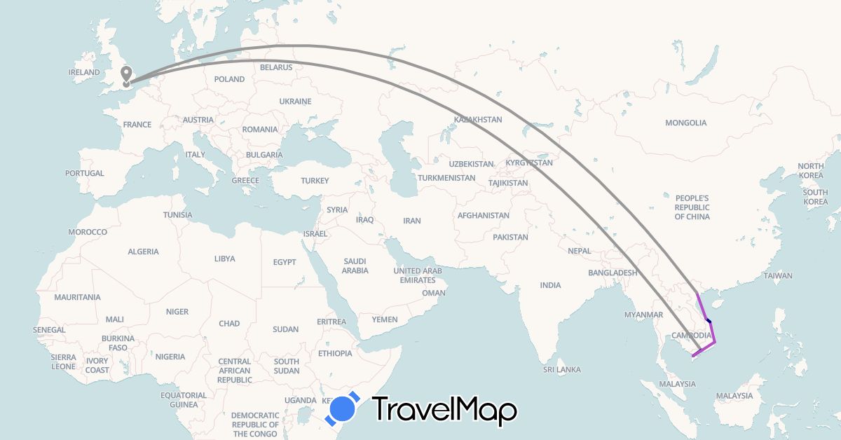 TravelMap itinerary: driving, plane, train in United Kingdom, Vietnam (Asia, Europe)